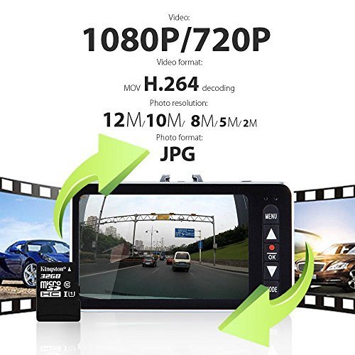 DBPOWER – Supporto Videocamera, Nero, Schermo Full HD 1920 x 1080,, 7 cm DVR Car, Dash Cam Obiettivo, con Super grande angolo di vista, 170 °, zoom 4 x accelerometro, SOS, rilevamento di movimenti, scheda SD 16 GB, 32 GB (32go) opzionale