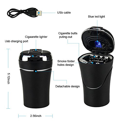 E-More - Posacenere per auto, portatile, staccabile, senza fumo, con indicatore LED blu, cavo USB di ricarica, per la maggior parte dei portabicchieri