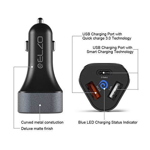 Elzo Caricabatteria da Auto, 4.8A / 42W USB Quick Charge con 3 Porte (QC 3.0 + Tipo C + USB intelligente) per Samsung Galaxy S8/S8+/S7/S7 Edge, Note 5/4/Edge, LG G5, HTC 10, Nexus 6