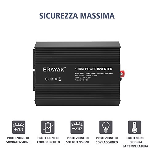 ERAYAK 1000W DC12V a AC230V Inverter di Potenza per Auto con 2.1A USB con Presa Italiana