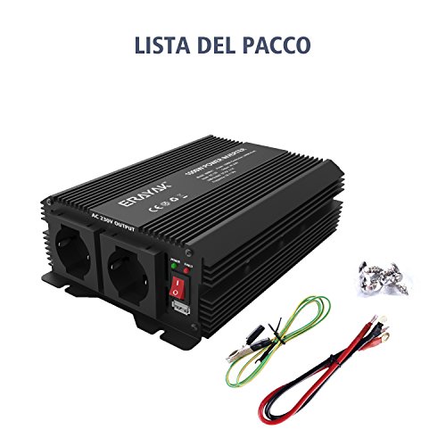 ERAYAK 1000W DC12V a AC230V Inverter di Potenza per Auto con 2.1A USB con Presa Italiana