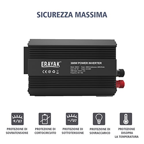 ERAYAK 300W DC12V a AC230V Inverter di Potenza per Auto con 2.1A USB con Presa Italiana