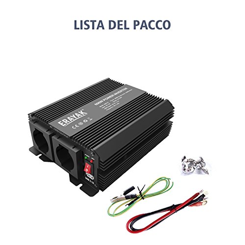 ERAYAK 600W DC12V a AC230V Inverter di Potenza per Auto con 2.1A USB con Presa Italiana