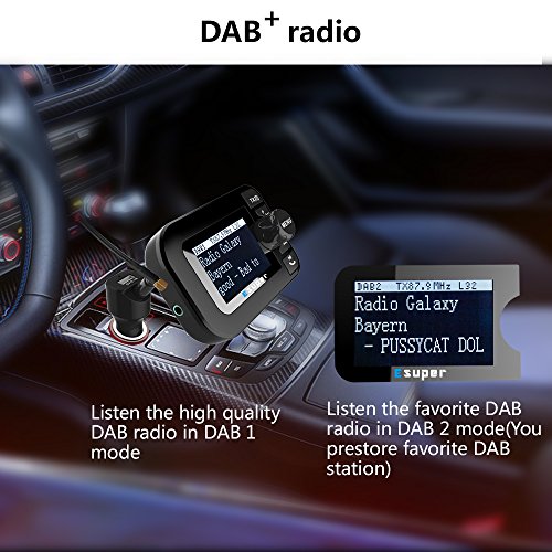 Esuper DAB / DAB + Radio con trasmettitore FM per auto (Crystal Digital Sound, grande schermo LCD da 2,3 pollici, caricabatteria da 2,1A, riproduzione in micro SD / TF, ricevitore Bluetooth, uscita audio da 3,5 mm) Universale In-car Digitale Audio Adattatore Portatili Bluetooth auto Kits per SmartphoneBluetooth auto Kits per Smartphone