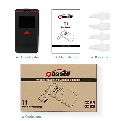 Etilometro Portatile, Oasser Alcool Tester Digitale T1 con 4 Boccagli Schermo LCD Sensore Semiconduttore (T1 Etilometro)