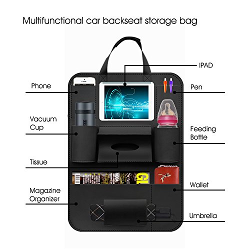 Eunicom AutoMuko - Portaoggetti, porta iPad e tablet, tasca per schienale per bambini e tappetino in ecopelle per auto, in 5 colori, per la parte posteriore del sedile, si adatta alla maggior parte dei veicoli