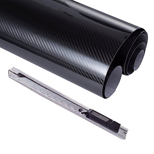 FOSHIO Involucro in vinile in fibra di carbonio nera 5D 12 "x 60" foglio con utensile a chiusura e coltello da cucina