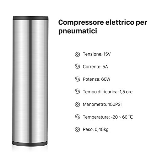 GHB Mini Compressore Aria Portatile in Alluminio 150 PSI Ricaricabile con schermo LCD per Gonfiare Moto, Auto, Bicicletta ed Attrezzi Sportivi.