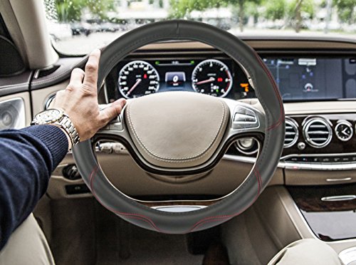 Gomass auto Car Steering Wheel cover, Four Dimensional Power Steering, universale, 38,1 cm, in microfibra, antiscivolo, presa facile, Wheel Wrap Protector (nero con Red Line)