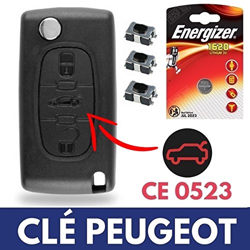 Guscio di Chiave Telecomando Auto Peugeot 207 • 307 • 407 • 308 • 607 • partner • Expert • Bipper ➜ 3 Switch ➜ 1 batteria CR1620 Energizer