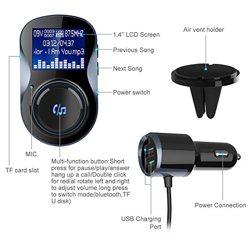 Guzack Trasmettitore FM Bluetooth 4.1 per Auto con Kit Adattatore Radio, 2 USB Porta, Chiamate Vivavoce, Supporta TF card, Compatibile with iPhone, Samsung,Huawei e iOS Andriod Smartphone