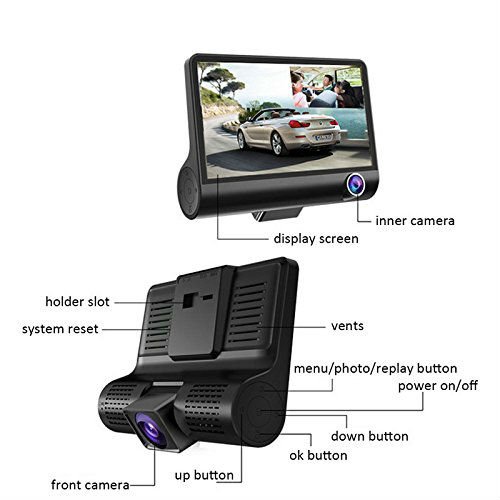 Hangang Car Dash Cam - Telecamera cruscotto 1080P HD a 3 canali per auto, 140 gradi registratore grandangolare per auto con display IPS da 4 ", G-Sensor, DVR, registrazione loop, rilevamento movimento