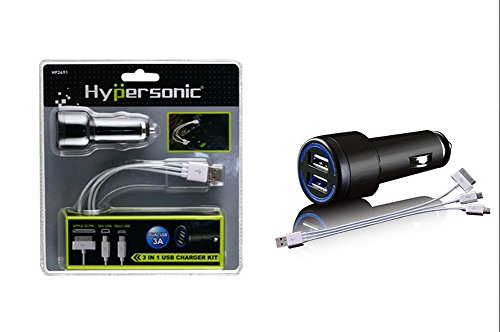 Hyper SONIC® hp2691 universale 2 porte 3 a USB Auto Caricatore da auto 12 V/24 V Auto/Camion con Mini USB + Micro USB + APPLE 30 Pin Adapter, illuminato blu
