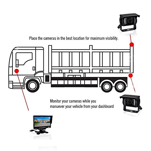 Icamecho - Set di 2 telecamere posteriori per auto, 12-24 V, con supporto, visione notturna, impermeabile, monitor da 7" con doppi cavi AV da 10 m per bus/camion/rimorchio/roulotte/camper