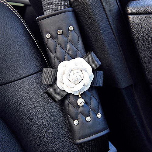 Inebiz Beautiful Camellia Leather Car Seat Belt cover Pad, riposiziona imbracatura cinghia di regolazione, 1 paio, per bambini e adulti