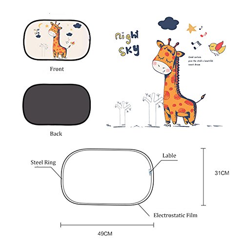 Inebiz Cartoon Giraffe pieghevole bambino parasole per auto, Adsorbimento elettrostatico finestra laterale protezione UV, Keep Cool, confezione da 2