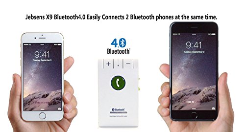 JEBSENS - Kit vivavoce per auto, montaggio su alette parasole, premium X9 Bluetooth V4.0, per collegare fino a 2 telefoni, adatto a iPhone 6/6 Plus, 5S/ 5/ 5/ 4S/ 4, Samsung Galaxy S5/ S4/ S3/ S2, Note 2/ 3/ 4 HTC one, LG G3, e altri modelli con connessione Bluetooth