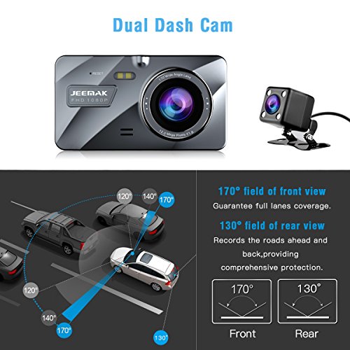 JEEMAK 4" IPS Dash Cam Doppia Lente Telecamera per Auto FHD 1080P,Grandangolare di 170 Gradi ,Auto registratore DVR with G-Sensor,Visione Notturna,Monitor di parcheggio,registrazione in loop,WDR