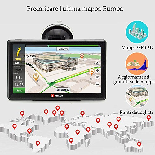 Junsun GPS Navigatore Touchscreen Capacitivo per Auto FM 8GB/128MB Bluetooth con Mappa Italia e Europa Centrale Aggiornamento a Vita e Infotraffico con Protezione Antiriflesso