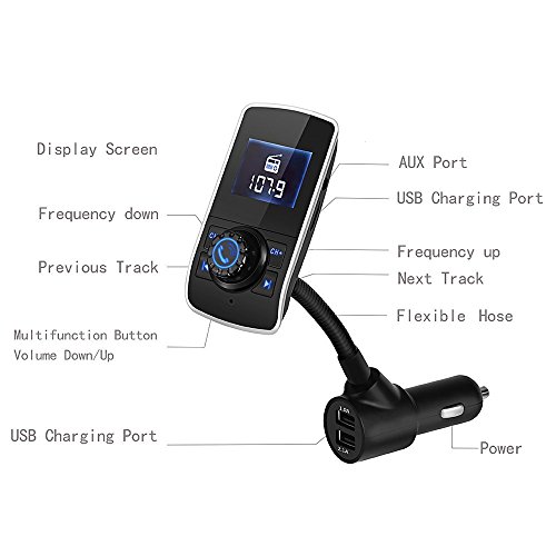 Kit FM trasmettitore FM, wireless Bluetooth da auto adattatore per auto con USB di ricarica da auto per iPhone, Samsung, LG, HTC, Nexus, Motorola, Sony smartphone Android