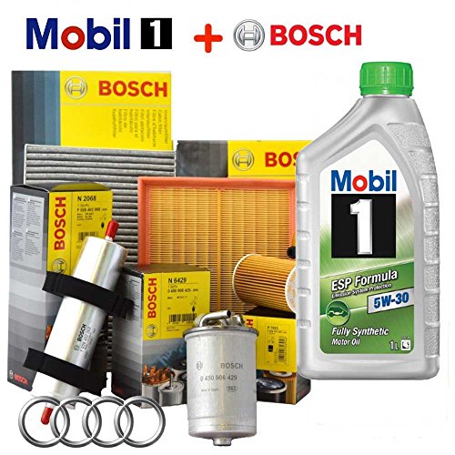 Kit tagliando 4 FILTRI Bosch + 5Lt olio MOBIL 1 ESP 5W30 (1457429192 OPPURE F026407023, F026402068, F026400157, 1987432369)
