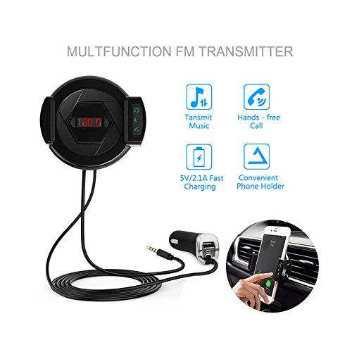 Leaning Tech Bluetooth Trasmettitore FM Hi-Fi senza fili Radio adattatore auto FM Ricevitore, 3 in 1 Kit con caricabatterie per auto, Chiama handbefreit, Supporto per telefono