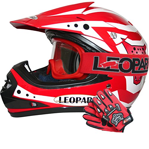 Leopard LEO-X17 Casco da Motocross per Bambini & Occhiali e Guanti da motocross per Bambini Cross e Off-road Motocicletta ATV Quadrilatero ECE 22-05 Approvato Rosso XL (55cm)