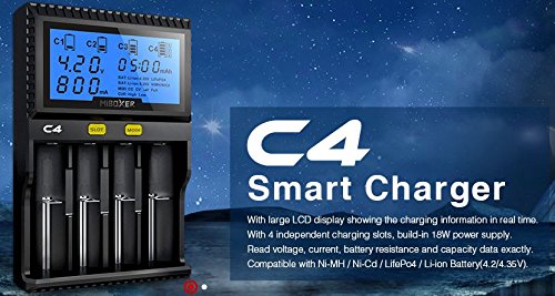LIGHTEU®, caricatore smart C4, completamente compatibile, 4 slot di caricamento, batteria Li-ion da 4,2V / 4,35V / LiFePO4 3,6V max da 800mA, caricabatterie ricaricabile con display LCD