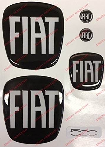 Logo Fiat 500 anteriore, posteriore + volante + 2 stemmi per portachiavi. Per cofano e baule. Adesivi resinati, effetto 3D. Fregi colore Nero-Bianco