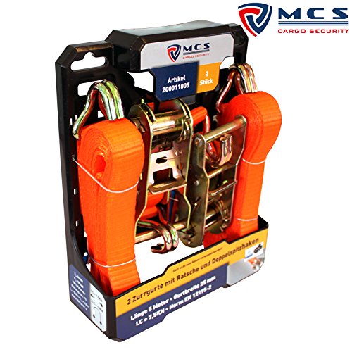 MCS Cargo Security, set da 2 cinghie di sicurezza, 200011005, cinghie a cricchetto con doppio gancio a uncino, per fissaggio del carico, 5 m, 750/1500 daN, conforme alla normativa EN 12195-2, certificato GS