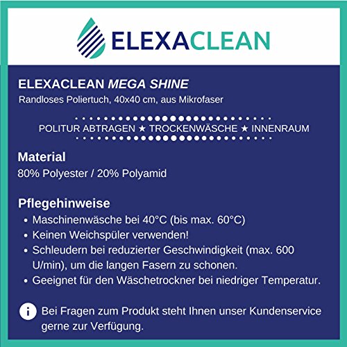 MEGA SHINE, Panni in microfibra di lucidatura (2 unità, 40x40 cm) senza silicone, molto morbido - Qualità di ELEXACLEAN
