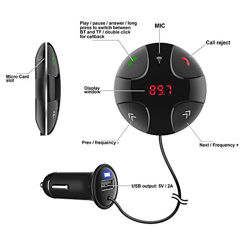 Megadream trasmettitore FM portatile Bluetooth 3.0 per auto, altoparlante, vivavoce, lettore musicale MP3, adattatore supporto magnetico, microfono integrato, lettore schede TF, caricatore USB ,2 colori disponibili