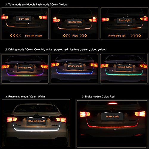 MIHAZ flessibile LED Strip Light Streamer 12V auto luce passeggero Luce posteriore luci posteriori guidato impermeabile invertito freno segnale di turno 48 pollici (120cm) - 7 colori 5 modi [classe di energia A +]