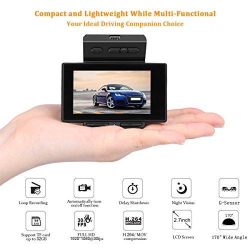 Mini Dash Cam, Videocamera Dashboard Videocamera DVR per auto Videoregistratore, FUNANASUN 2.7 "LCD 1080P Full HD 165 ° Wide View con G-Sensor WDR Registrazione Loop Rilevamento movimento Night Vision