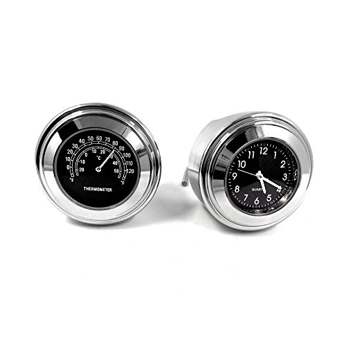 Misika Set universale da 2 pezzi, orologio in alluminio, per motociclette, da manubrio, con termometro, 22 mm, antiurto, nero/bianco