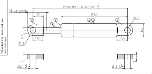 Molla a gas 7298PT -1200N per letti contenitore lunghezza centro fori 385 mm
