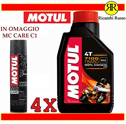 Motul 7100 15w50 olio motore moto 4 tempi litri 4 + OMAGGIO MC Care C1 Chain Clean