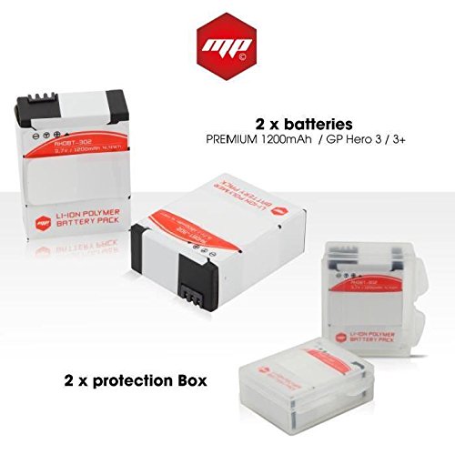 MP EXTRA - 2x batteria per gopro 3+ e gopro 3 black silver white MP EXTRA® - potenza premium : 1200mAh - caricabatteria Italia / US / UK - adattatore per auto - scatole di protezione per le batterie