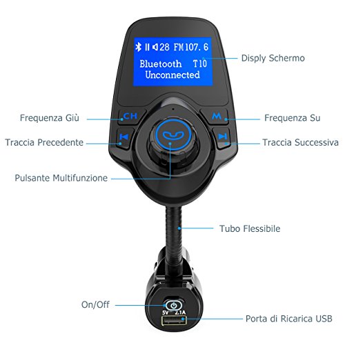 Mpow trasmettitore FM Bluetooth, Trasmettitore FM per Auto Tecnologia CVC per Chiamate Interruttore di Alimentazione 3.5 mm Audio AUX in/out, Compatibile Smartphone MP3, MP4, TF card 32G