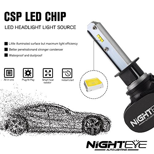 Nighteye - Luci per auto, lampadine LED per fari H1, H4, H7, 50 W, 8000 lm/ set 6500 K, luce bianca fredda