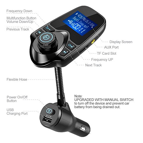 Nulaxy FM Trasmettitore, Wireless Bluetooth Radio Adattatore Auto Kit con 1,44" Display e Accensione/Spegnimento pulsante USB caricabatteria, Per iPhone, Huawei, Sunsumg e Altri Dispositivi Bluetooth