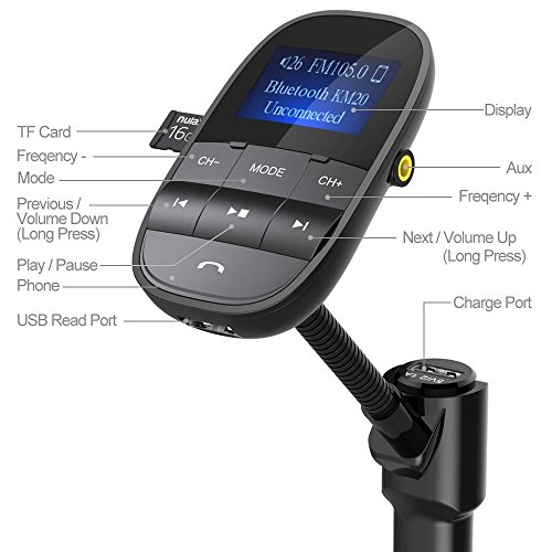 Nulaxy Wireless FM Trasmettitore Bluetooth Radio adattatore da auto kit W Uscita USB caricabatteria, Supporta le varie modalità musica su TF/ USB Flash Drive