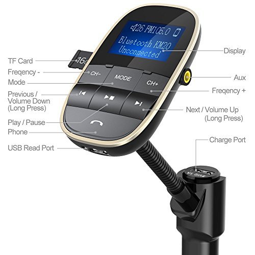 Nulaxy Wireless In-Car Bluetooth Trasmettitore FM Radio Adattatore Kit W USB Caricabatteria Supporto USB Flash Drive Scheda Micro SD AUX Uscita di ingresso 1,44 pollici Display, 2018 Modello, Oro