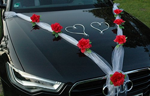 ORGANZA M + macchina, drachensilber poiiastra di Rose a forma di cuore con motivo macchina, drachensilber matrimonio Car Auto Wedding globalaffairs Ratan ghirlanda per Auto Rot / Weiß / Weiß