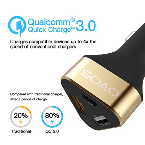 Ovos Fast USB caricabatteria da auto Quick Charge 3.0 3 porte per auto con QC 3.0 + tipo C per iPhone 7 Plus/6s/6, iPad, Samsung Galaxy S6/S7 Edge Google Nexus 5 X/6P HTC 10 e più