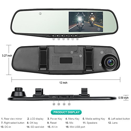 Panlelo PAC30G 4.3 inch LCD Verde Screen Car HD Video Recorder Dual Dash Cam Vehicle Rearview Mirror DVR Auto Dual Lens Front & Reversing Camera USB Port
