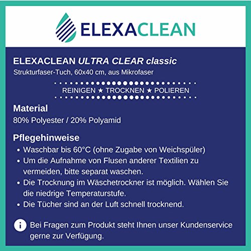 Panni in microfibra auto vetri (3 unità, 60x40 cm), panno struccante - Pulisce senza agenti chimici - ELEXACLEAN ULTRA CLEAR classic