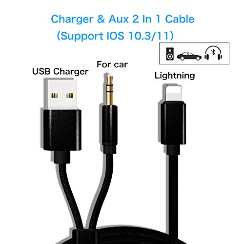 PHADEN - iPhone X iPhone 8/8 Plus Cavo audio AUX Caricatore USB Adattatore 2 in 1, cavo audio da 3,5 mm Lightning Car per iPhone 7/7 Plus per sistema stereo auto / casa (supporto iOS 11)
