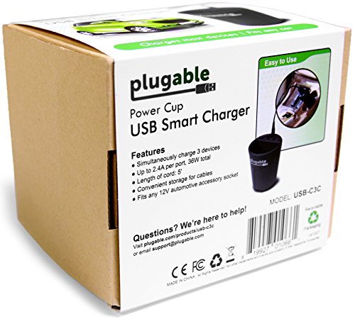 Plugable Technologies USB-C3C USB 3-Port Smart Charger Cup Auto Black mobile device charger - Mobile Device Chargers (Auto, MP3, Tablet, Telephone, USB, Black, 1.52 m, 36 W)