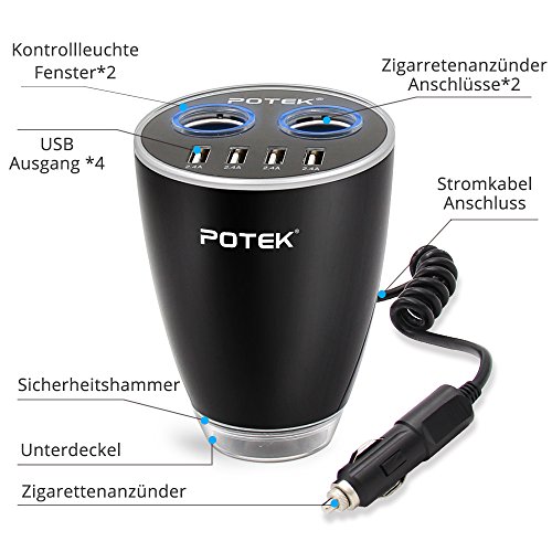 potekp ower USB Presa Accendisigari 12 V/24 V Auto distributore, Multi funzione auto adattatore con sicurezza Hammer + 2 auto presa accendisigari + 4 porte USB (2.4 A * 4)